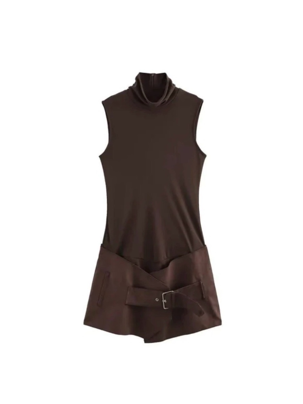 Zara Brown Sleeveless Turtleneck Mini Dress with Belted Skirt